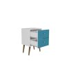 Manhattan Comfort Liberty Mid-Century Modern Nightstand 2.0 with 2 Full Extension Drawers in White and Aqua Blue with Solid Wood Legs