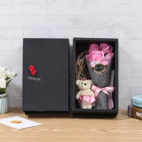 2-layer Flower Head Rose With Bear Preserved Flower Bouquet Khaki Gift Packaging (Color: pink)