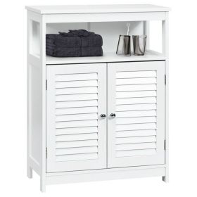 Home Bathroom Storage Cabinet Wood Floor Cabinet W/ Double Shutter Door (Color: White)