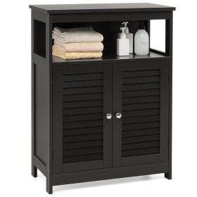 Home Bathroom Storage Cabinet Wood Floor Cabinet W/ Double Shutter Door (Color: Black)
