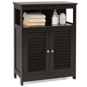 Home Bathroom Storage Cabinet Wood Floor Cabinet W/ Double Shutter Door (Color: Coffee)