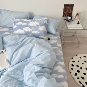 Simple Cloud Bed Sheet Quilt Cover All Cotton Washed Cotton Four-piece Set (Option: Clouds Like Water Blue-200CM Bed Sheet Size 220X240cm)